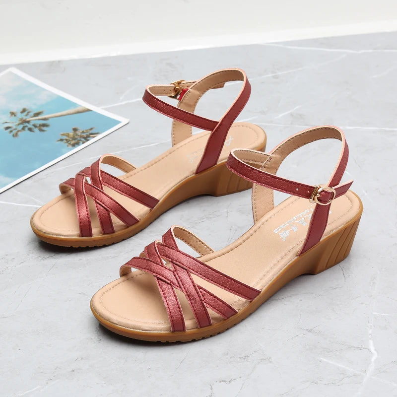 Summer Orthopedic Sandals Woman Wedge Mid Heel Elegant Womens Sandals Soft Bottom Comfortable Low Heel Shoes for Women Flat New