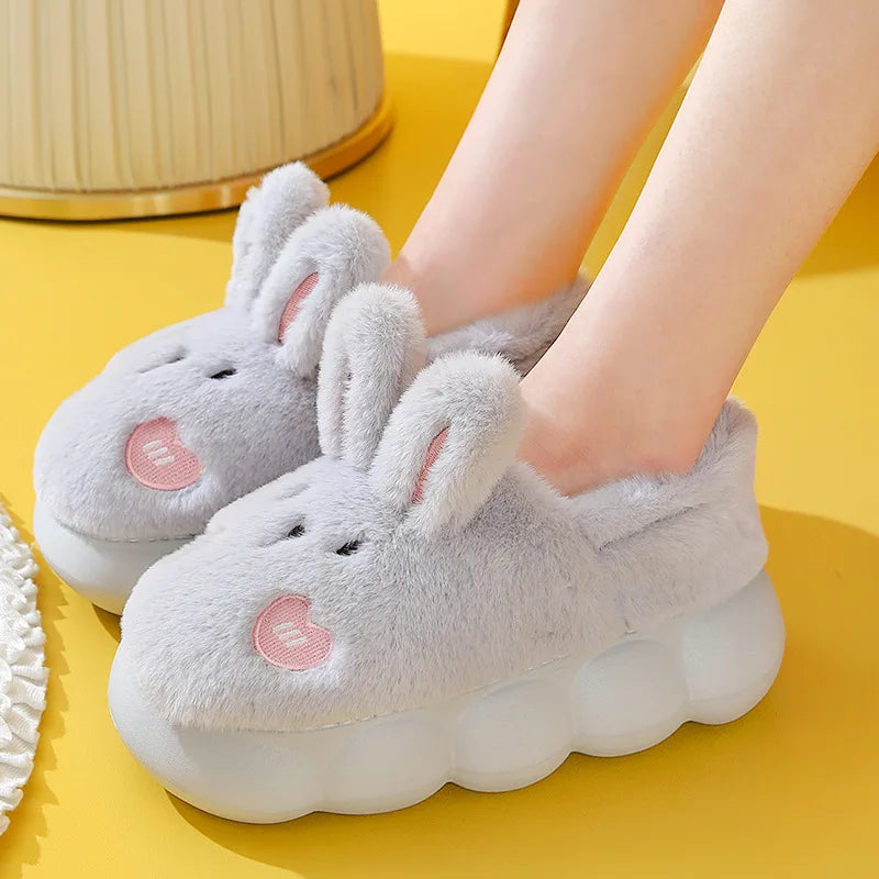 Winter Cute Plush Rabbit Cotton Slippers for women with thick soles and full heels Household Warm Non-slip Shoes
