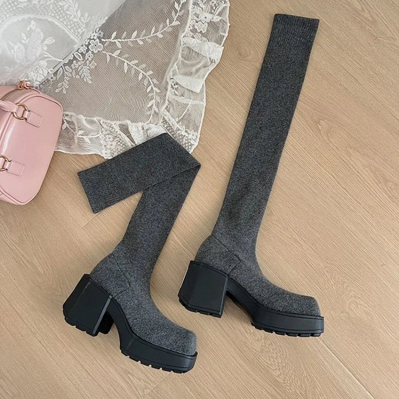 Size 35-40 Winter Women's Over The Knee Sock Boots Stretch Knitted Thick Heels Long Boots Woman Slip On Platform Shoes