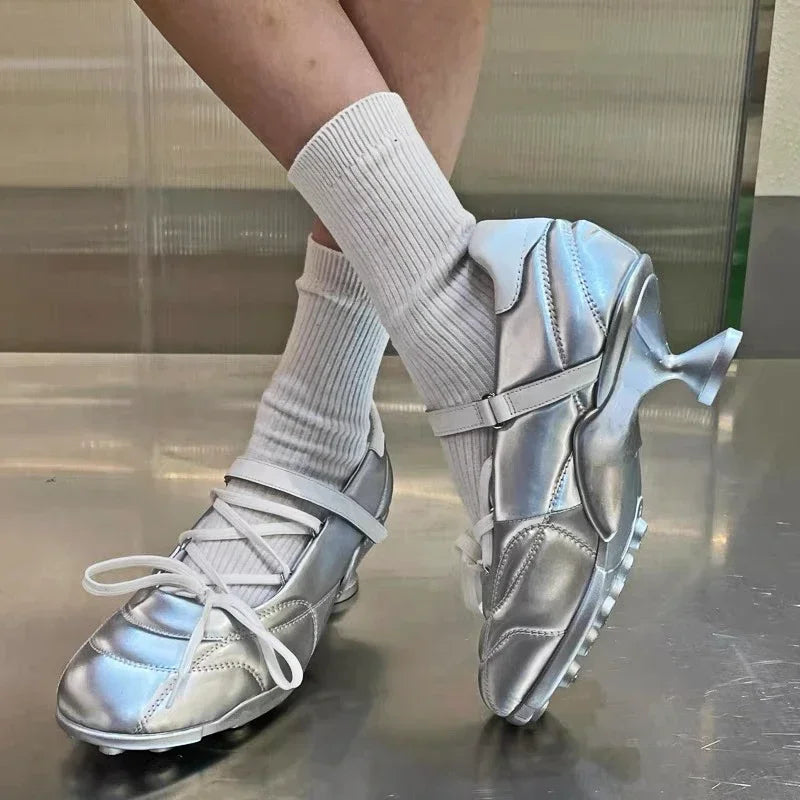 Designer Heeled Ballet Pumps Women Round Toe Cross Lace Up Strange Shoes Sporty Style Silver Brand Low Heeled Shoes