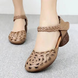 2022,NEW Summer Women's Genuine PU Leather Shoes Woman Retro Hollow Out Sandals Female Hook & Loop Heels Ladies Platform Sandal