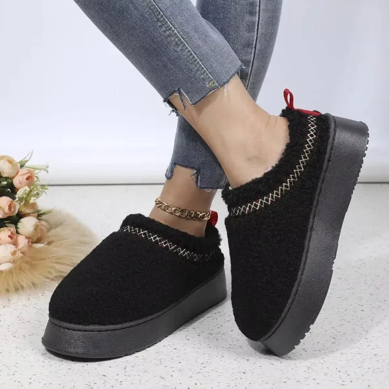 New ethnic style lace hairy half tray foreign trade snow cotton slippers Thick bottom outer wear winter bag head half slippers