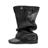 Arden Furtado 2024leather Height Increasing Knee high boots Square toe Slip-on Low heel Large tubular thigh high boots wide calf