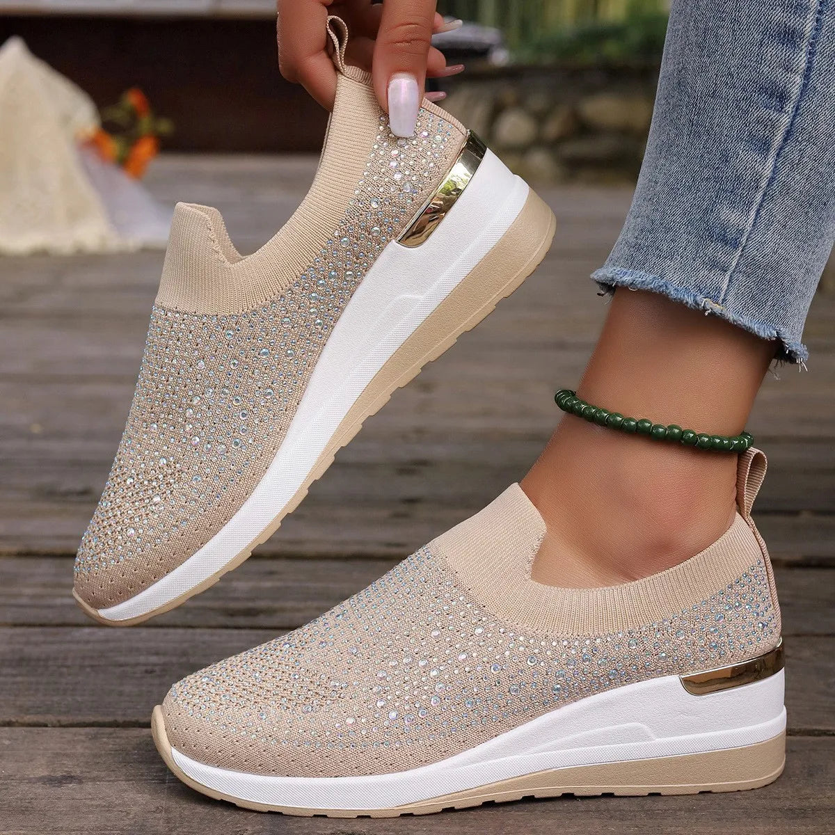 Orange Rhinestone Casual Sneakers Breathable Wedge Women Lightweight Shoes Slip On 2024 New Comfortable Spring Mesh Sports Shoes