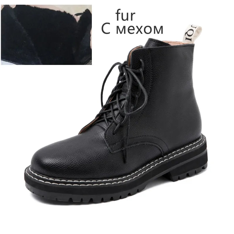DIMANYU Women Ankle Boots2024 New Genuine Leather Winter Thick With Fur Ladies Short Boots Motorcycle Martn Boots Women