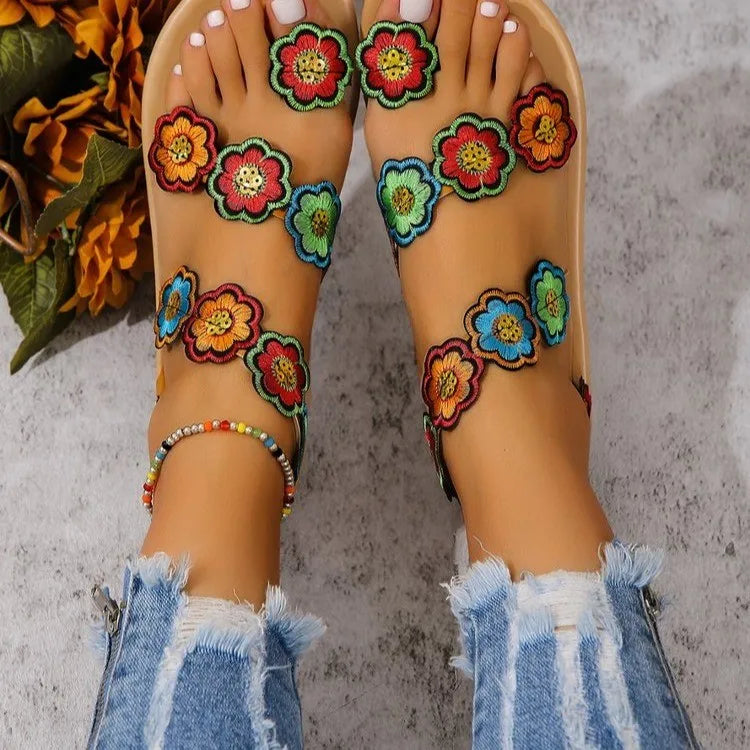 Yellow Embroidered Faux Flower Fashion Sandals Flat Plus Size 43 Summer Outdoor Beach Shoes Travel Mom Shoes