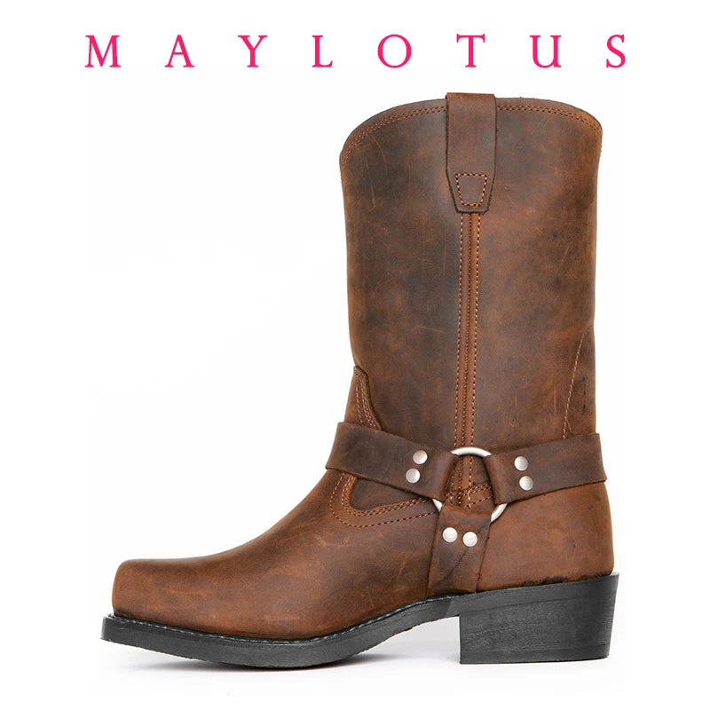 Size 39-48 Luxury Retro Cowboy Boots Men Mid Calf Western Boot Men Pu Leather Man Slip On Shoes Winter Knight Boots Booties