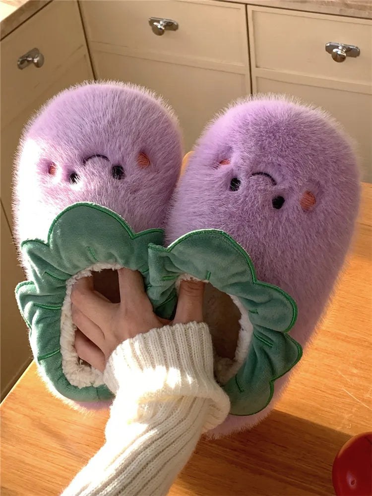 Funny Cartoon Eggplant Cotton Slippers Women's Winter Ins Antiskid Cute Fruit Home Slipper Warm Plush Shoes