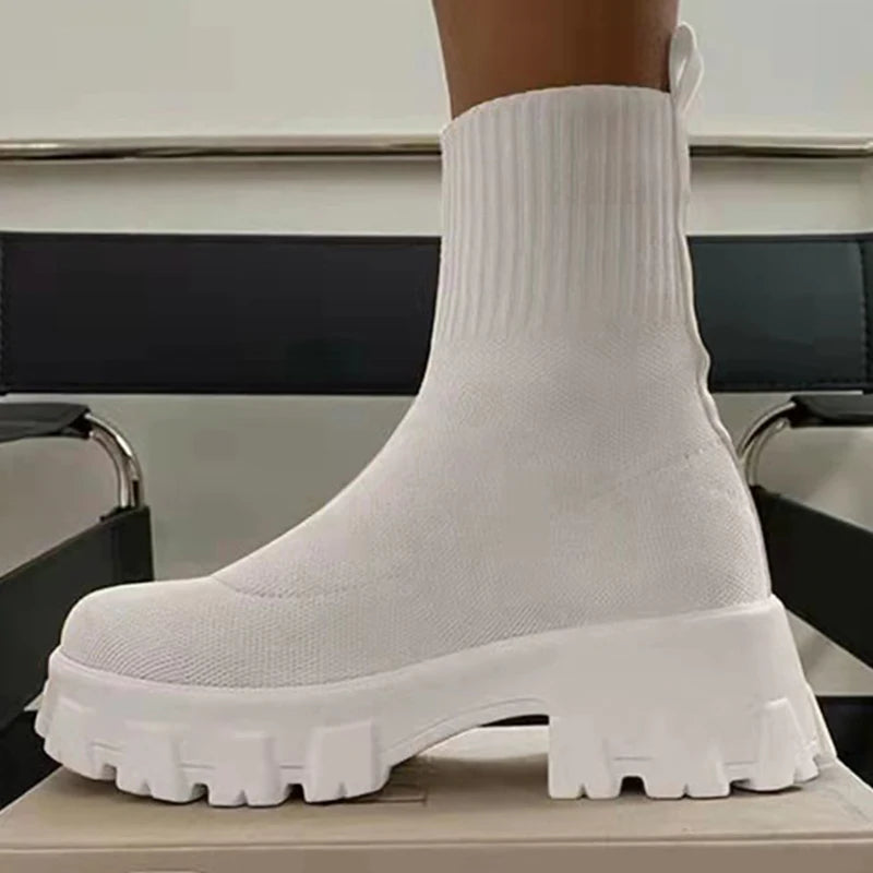 Women Shoes Stylish Women's Sneakers With Platform Vulcanize Shoes For Women Heels Casual Sneakers Stretch Fabric White Shoes