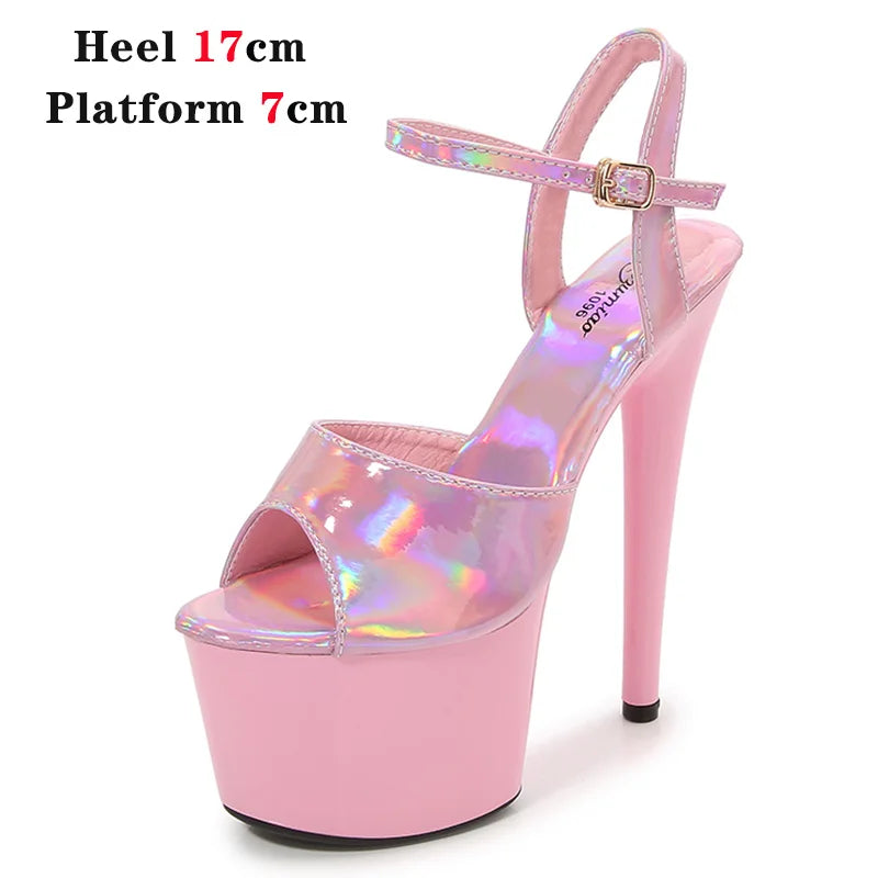 Women Sexy Show Sandals 15 17 20CM High Heels Sexy Platform Laser Color Sandals Girls Shoe for Party Club Striptease Shoes