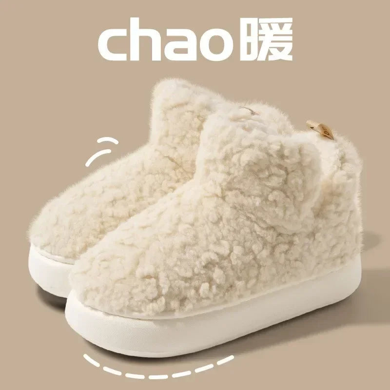 Thickened Plush Fur Warmth Household Snow Boots Cotton Women Slippers Home Boots Simple Solid Color Winter Fluffy Platform Shoes