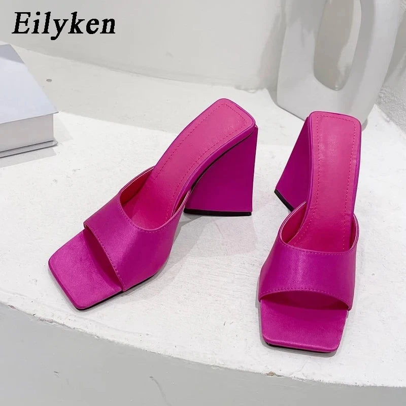 Eilyken 2025 New Arrival Silk Triangle Square Heels Heel Woman Slippers Sexy Street Party Square Toe Dress Slides Summer Shoes