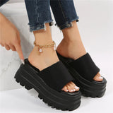 2023 Summer Brand New Women Single Band Platform Sandals Black Nylon Chunky Platform Wedges Slipper Sandals