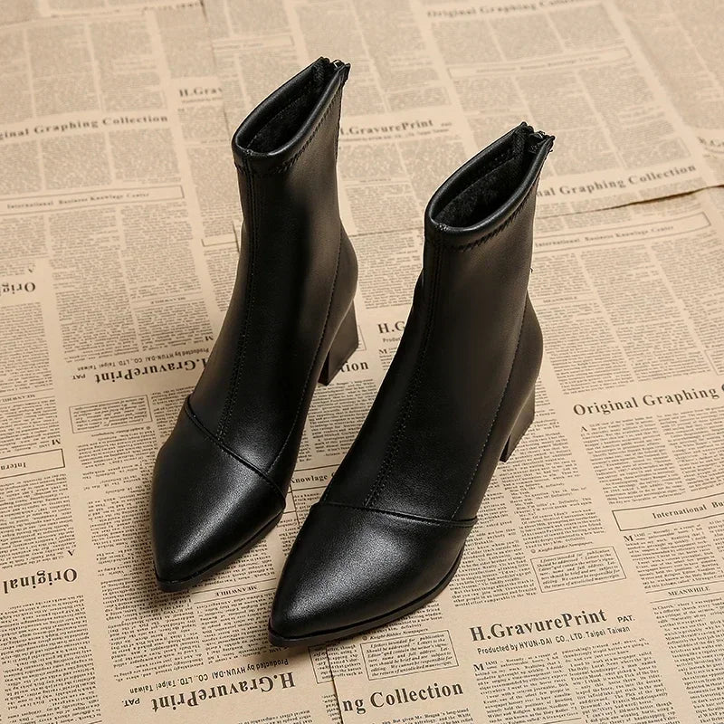Pointed Toe Women Ankle Boots Fashion Back Zippers Shoes Autumn Winter Thick Heel Women's Short Booties