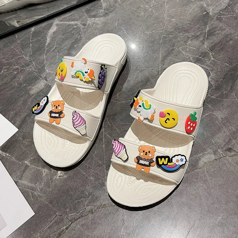 Women Summer Casual Slides Comfortable Flax Slippers Striped Cartoon Flip Flops Platform Sandals Ladies Outdoor Shoes