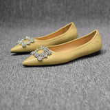2023 Spring and Autumn New Fashion Shallow Mouth Rhinestone Square Buckle Pointed Versatile Women's Flat Bottom Casual Shoes