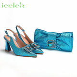 Women High Heels Sandals Shinning Material with Rhinestone Italian Design T.Blue Color Pointed Toe Shoes and Bags Set