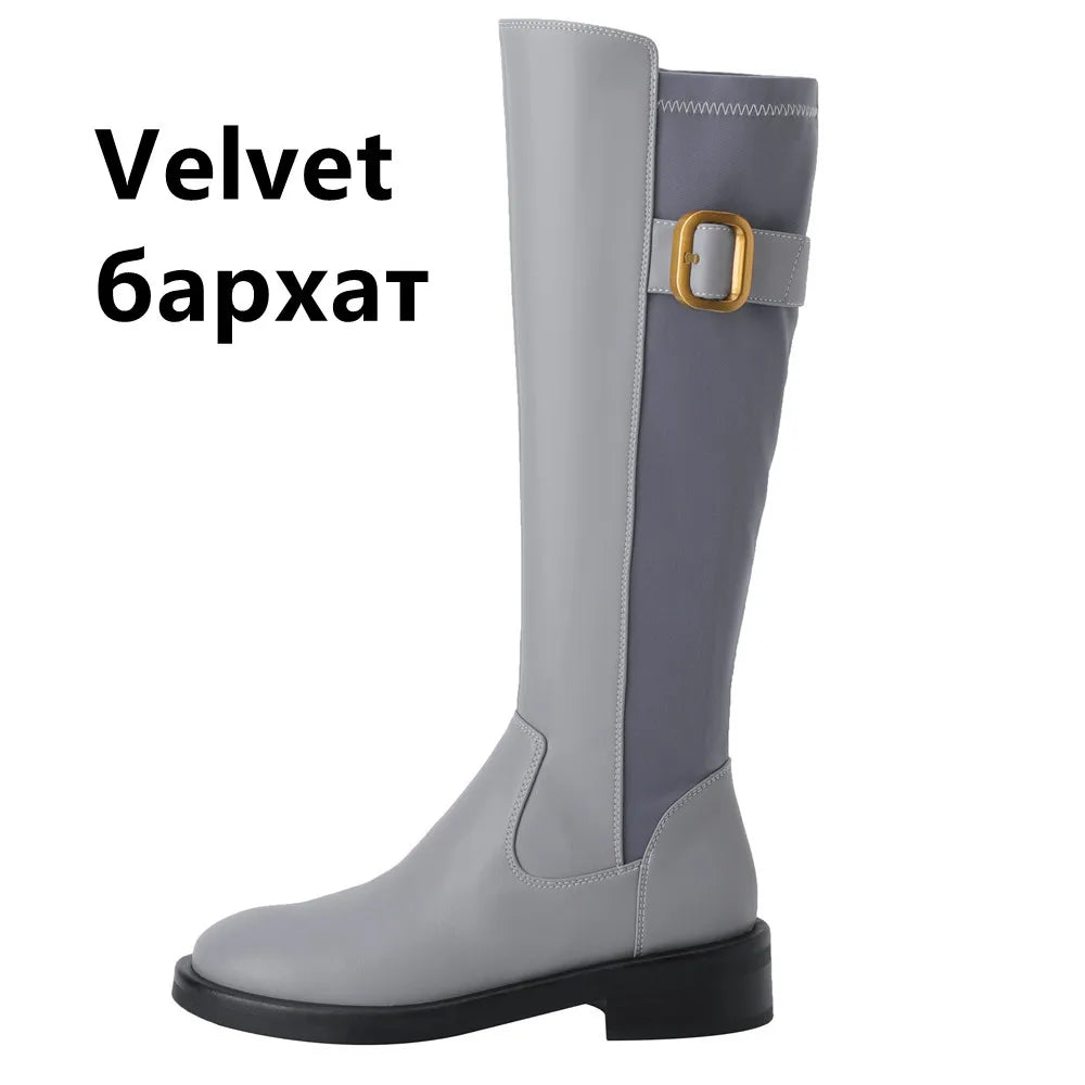FEDONAS Elegant Women Knee-High Boots Autumn Winter Splicing Genuine Leather Belt Buckle Side Zipper Party Office Shoes Woman