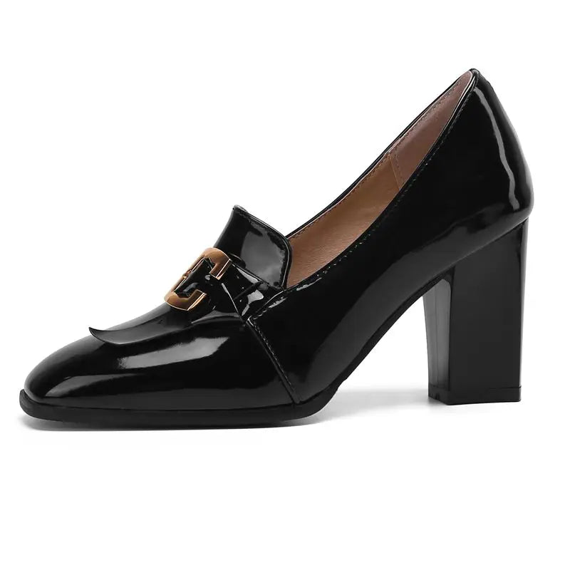 ASILETO 2022 Women Pumps Square Toe Block Heel Slip-on Shallow Metal Decoration Large Size 32-50 Office Lady Black Green S3957