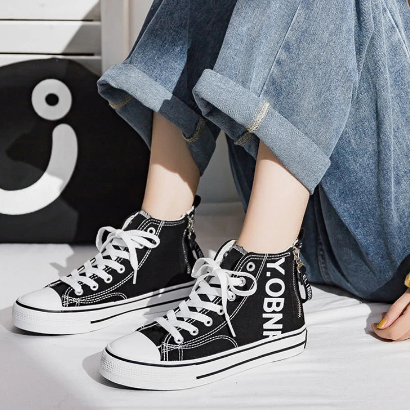 Design Sense High Top Canvas Shoes 2023 Autumn New Versatile Board Shoes Simple Side Zipper Women's Shoes Woman Designer Shoes