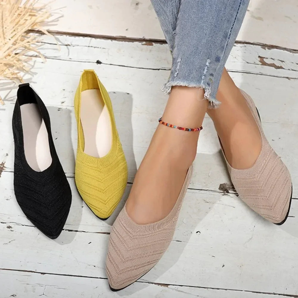 Women Pointed Toe Flat Shoes Solid Color Knitted Slip on Shoes Women Casual Breathable Ballet Flats Woman Loafers Mary Jane Shoe