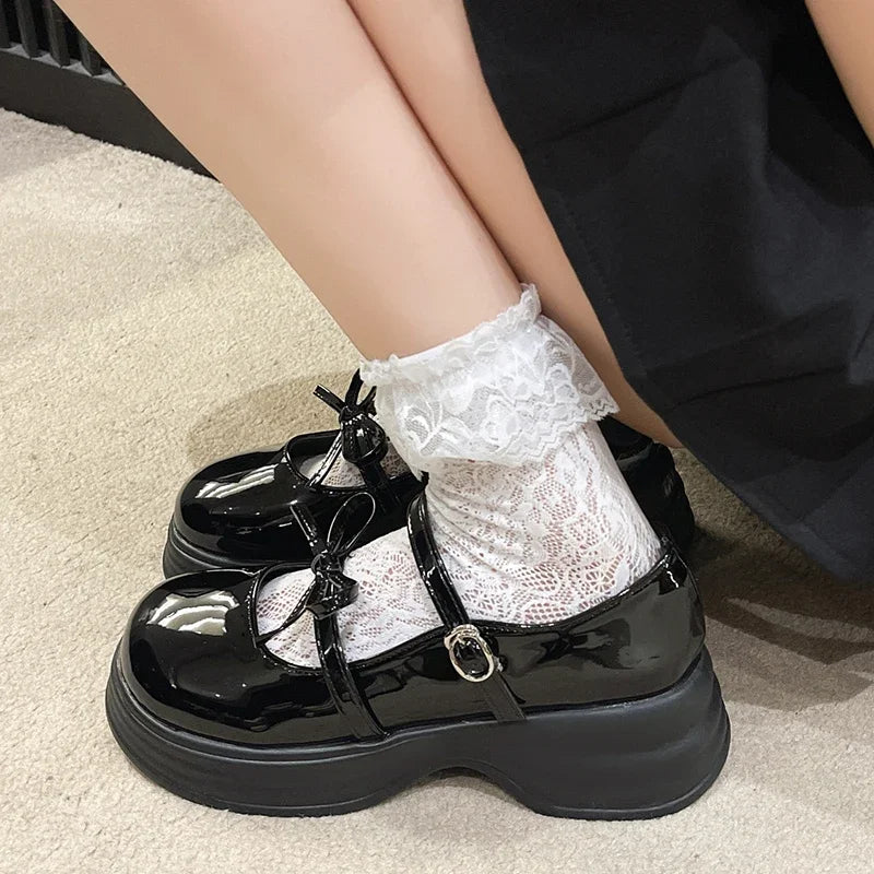 Black Chunky Platform Mary Jane Shoes for Women 2025 Spring Patent Leather Pumps Woman Thick Bottom Bowknot Lolita Shoes Ladies