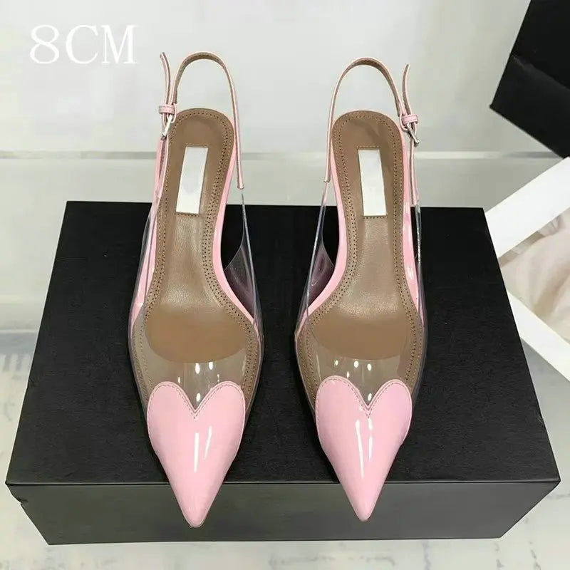 2025 New Pointy Peach Heart Fine Heel Shoes Sexy Pvc Transparent Film Black Patent Leather High Heel Overhead Sandals