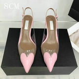 2025 New Pointy Peach Heart Fine Heel Shoes Sexy Pvc Transparent Film Black Patent Leather High Heel Overhead Sandals