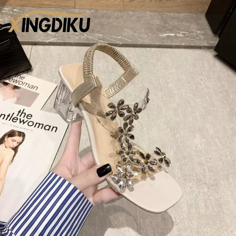 High-heeled Sandals Women's 2022 Summer New Style Fashion Small Flower Decoration Buckle Transparent Square Heel Women's Shoes