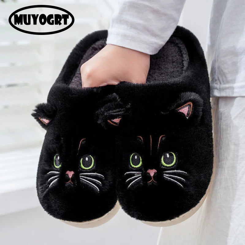 Cute Cartoon Cat Slippers Fluffy Home Thick Platform Slippers Women Men Winter Warm Plush Slides Indoor Lovely Cotton Shoes