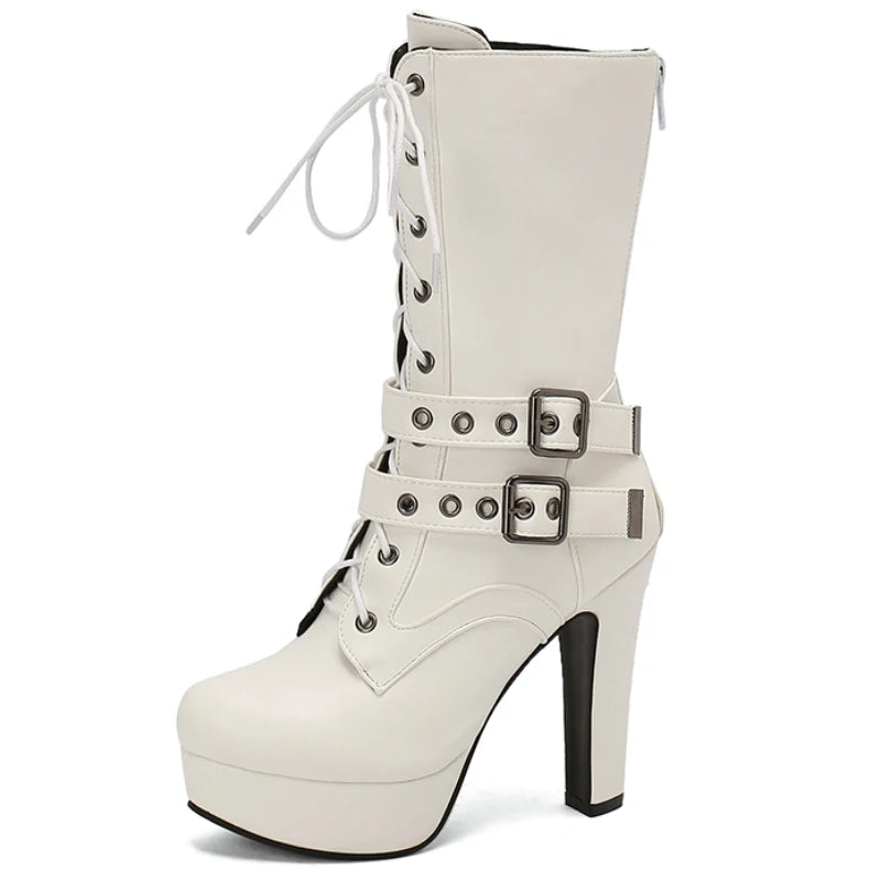 Women's Mid-calf Boots Sexy Platform Black Blue White Boot High Heels Zipper Dance Party Shoes Lady Big Size 50 New 2024 Winter