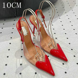 2025 New Pointy Peach Heart Fine Heel Shoes Sexy Pvc Transparent Film Black Patent Leather High Heel Overhead Sandals