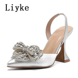 Liyke Spring Summer Fashion Rhinestone Bowknot Women Pumps Sexy Silk Pointed Toe Strange High Heels Party Prom Shoes Gold Silver