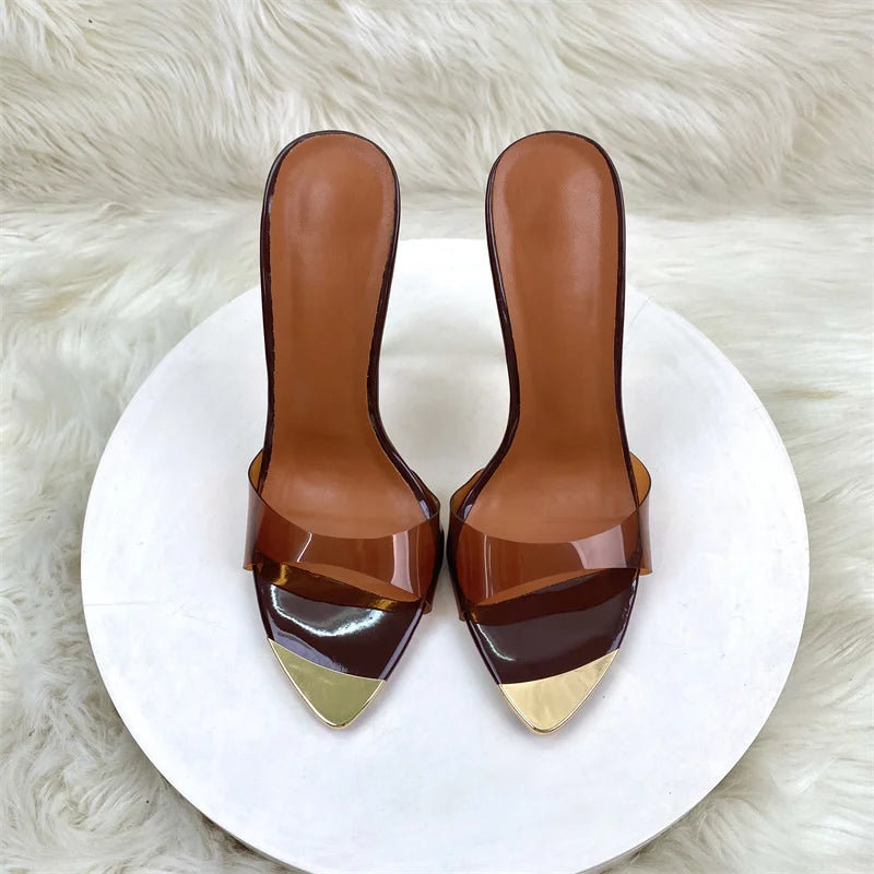 Keshangjia 12cm Sexy Pointy Color Pvc Slippers High Heel Sandals Women Brown  Stiletto Heels Lady Shoes Female Big Size 44-46