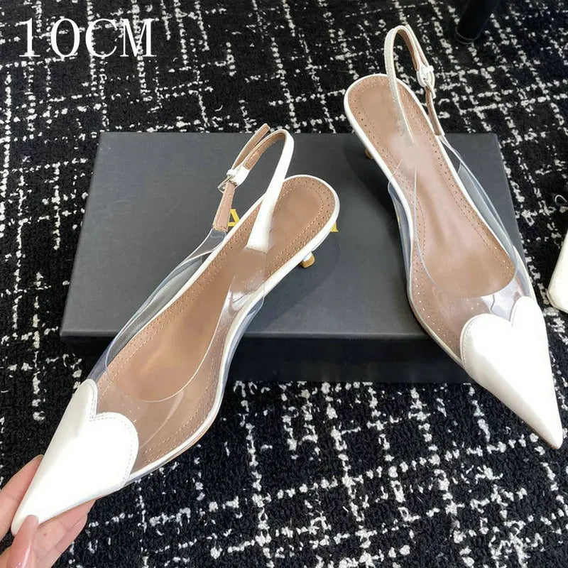 2025 New Pointy Peach Heart Fine Heel Shoes Sexy Pvc Transparent Film Black Patent Leather High Heel Overhead Sandals