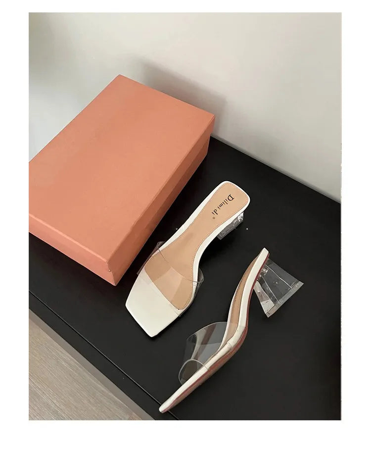 Women's Crystal Slippers Mid-heel All-matching New Summer Fashion Cool Mule Slideshow Sandals Transparent Jelly Square Toe Shoes