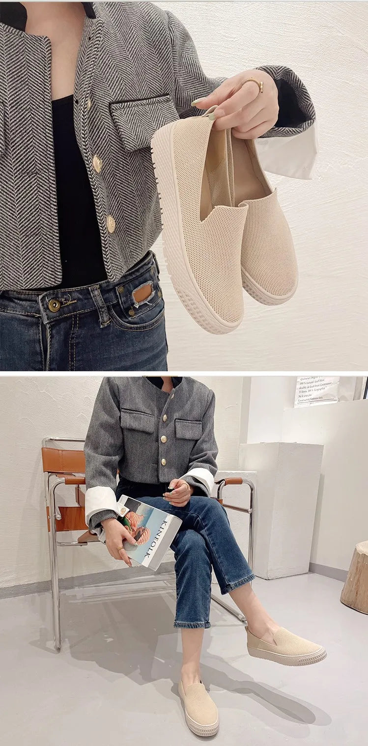 Nouvelles chaussures de pêcheur à tête ronde Flying Weaver, motif à carreaux de marée, à enfiler peu profonde, semelle épaisse, chaussures simples décontractées pour femmes