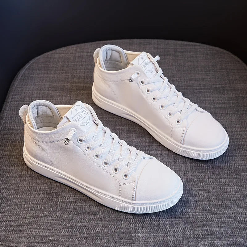 Comemore Spring High Top Spring Vulcanized Flat Shoes Female Fashion Ladies Sports Casual White Genuine Leather Women Sneakers