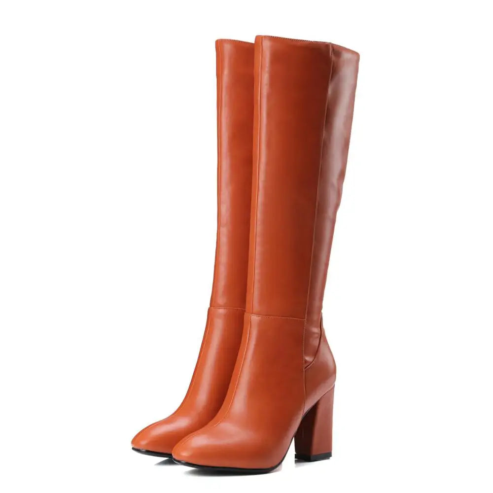 Fashion Red Winter Women's Knee High Boots PU Leather Block High Heels Tall Long Boot Female Zipper Ladies Shoes Black Elegant