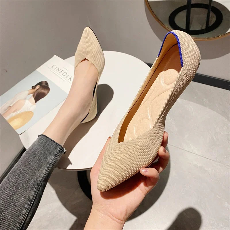 2024 New Women Shoes Fashion Knit Pointed Toe Shallow Ballet Flats Breathable Moccasin Mesh Slip on Cozy Soft Bottom Work Shoes