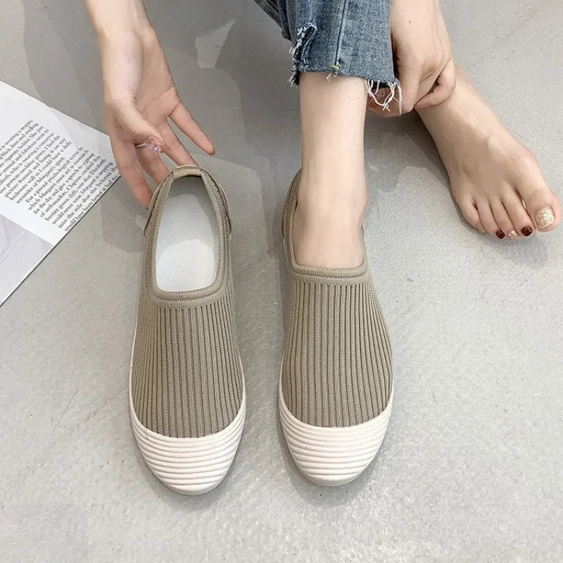 Flat Bottom Women Shoes Knitting Casual Flat Shoes Breathable Mesh Woman Designers Shoes Light Lady Ballets Flats Tenis De Mujer