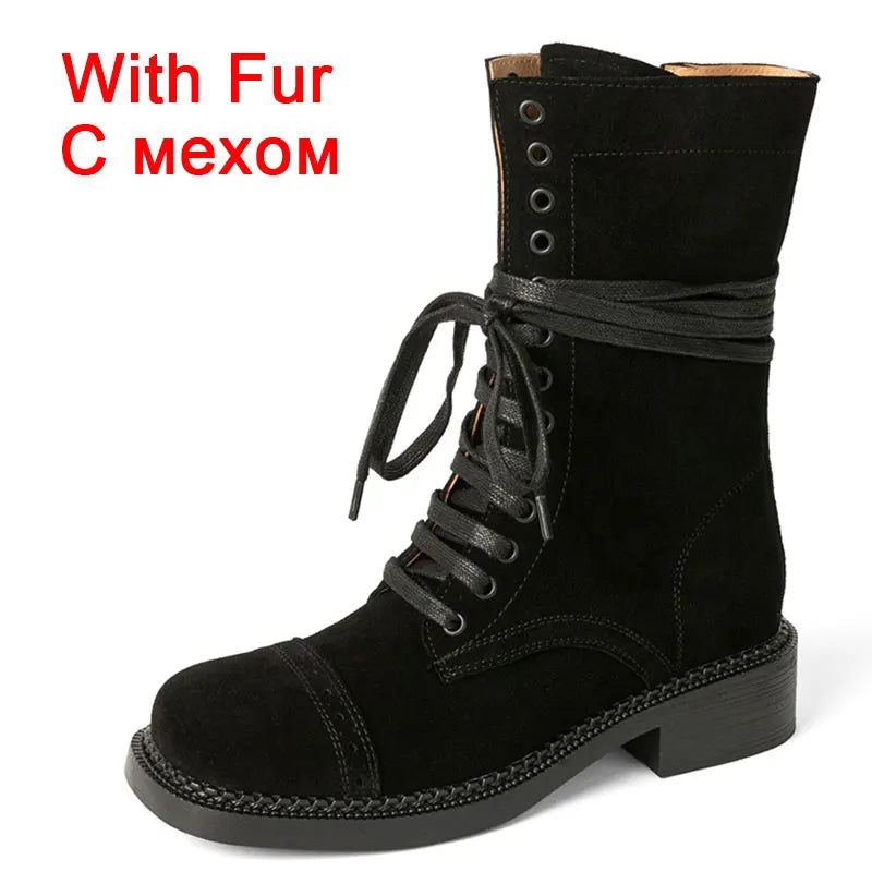 JOZHAMTA Size 34-42 Women Ankle High Boots Genuine Leather Lace-Up Thick Heels Shoes Fall Winter Platform Chelsea Short Booties