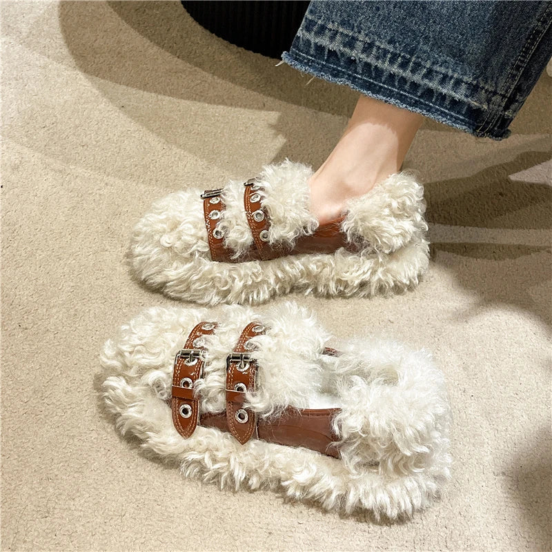 Women Shoes Autumn Slip-on Loafers Fur Female Footwear Casual Sneaker Square Toe Shallow Mouth Fall Slip on Winter Dress White