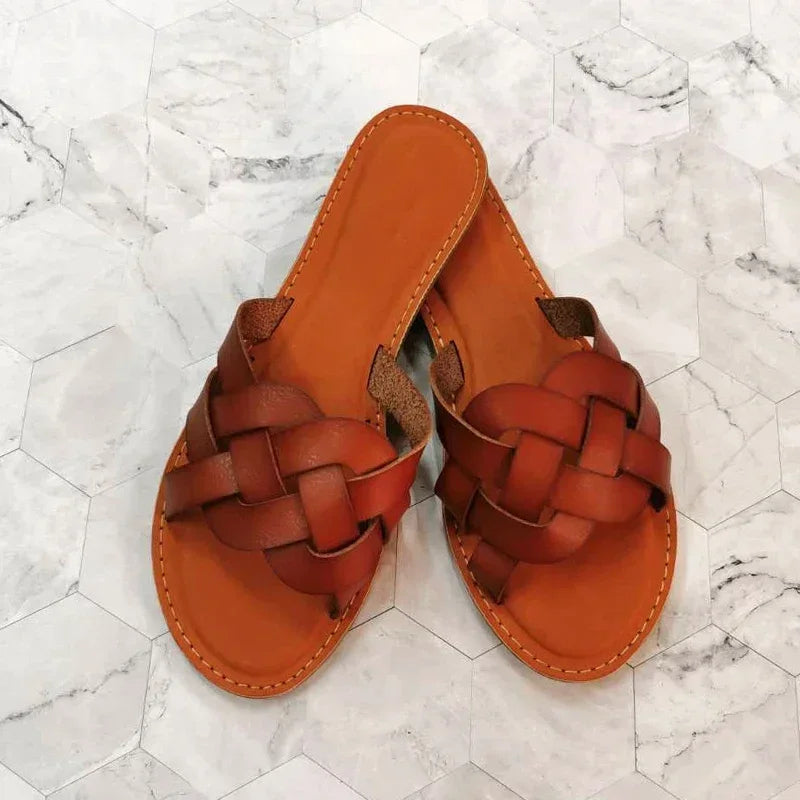 Women Leather Summer Sandals Shoes Retro design Thin Straps Open Toe Beach Slides Flat with Plus Size 41 Female Footwear