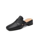 NEW Summer Women Mules Genuine Leather Shoes for Women Cover Toe Chunky Heel Slippers Concise Square Toe Handmade Modern Sandals