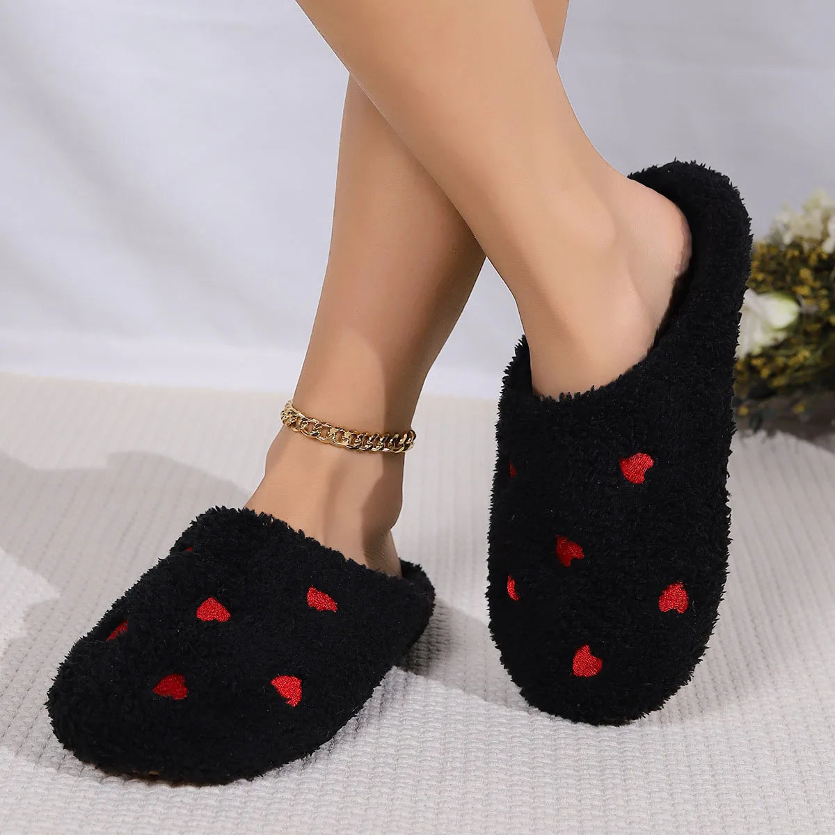 Women House Carpet Slippers Winter Cozy Fuzzy Soft Soles Shoes Love-Heart Indoor Silent Lightweight Living Room Cotton Sandals