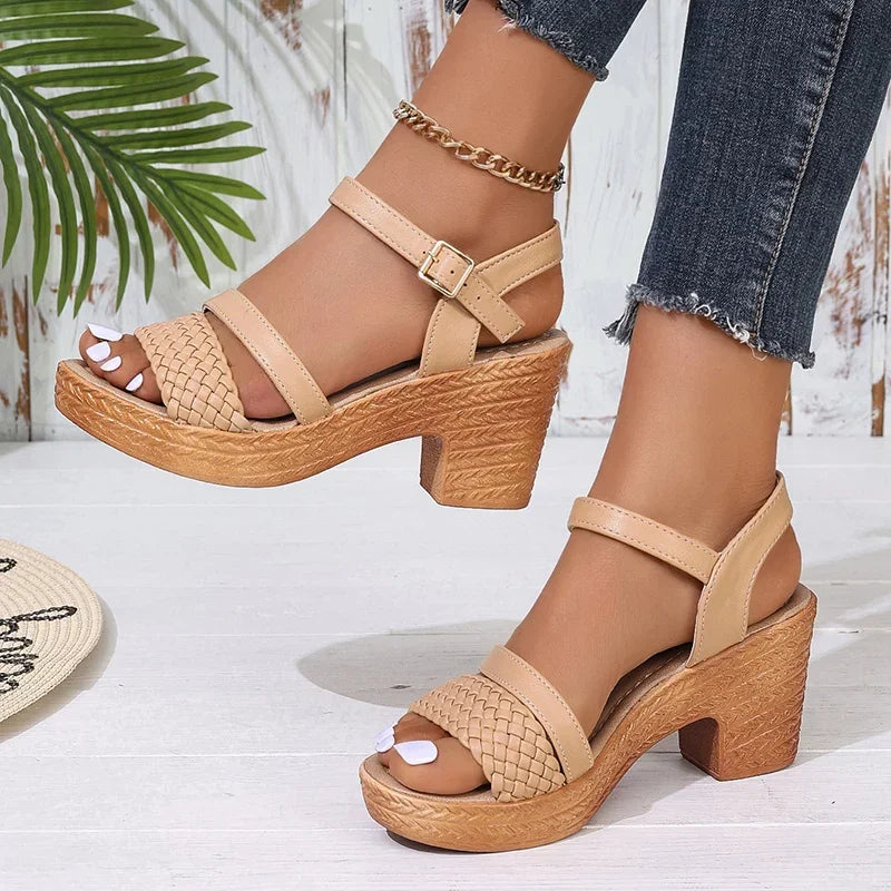 Women's Braided Chunky Heel Sandals Summer 2025 Ankle Strap Platform Gladiator Sandals Woman Fashion Woven High Heeled Sandalias