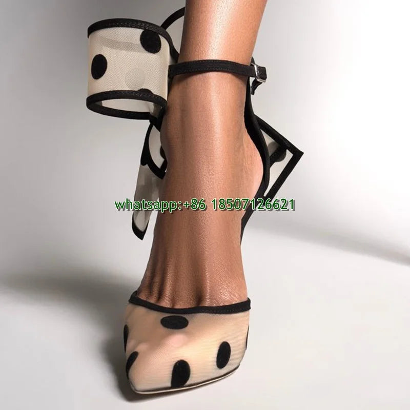 Bow Decorated Pointed Toe Mesh High Heels Polka Dot Plus Size Women's Slingback Pumps