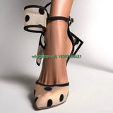 Bow Decorated Pointed Toe Mesh High Heels Polka Dot Plus Size Women's Slingback Pumps
