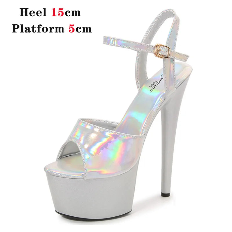 Women Sexy Show Sandals 15 17 20CM High Heels Sexy Platform Laser Color Sandals Girls Shoe for Party Club Striptease Shoes